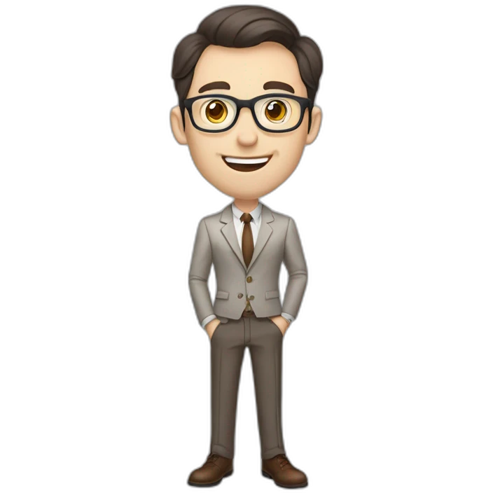 Pale skinned fit man with dark brown hair in gray jacket, beige office shirt, brown tie, brown pants and vintage glasses Writing on the flipchart emoji