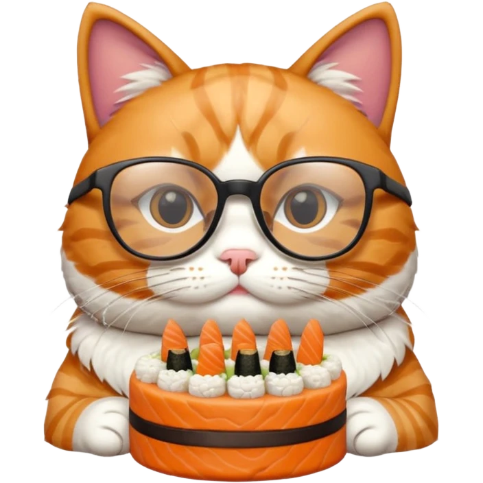 cat with cool thick square shaped glasses eating a birthday cake made out of sushi emoji