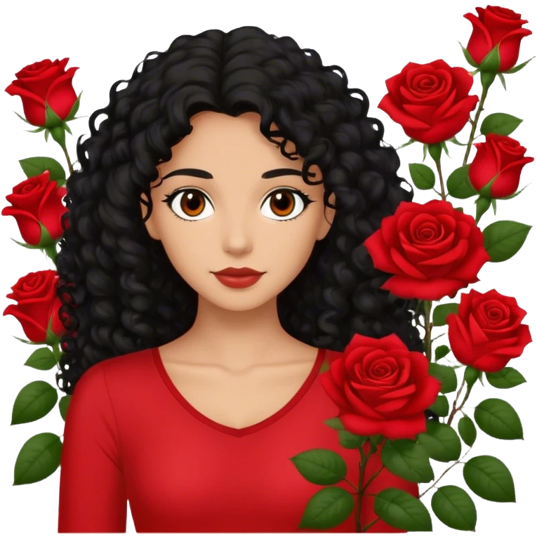 Brown eyes black curly long hair red roses backdrop ted top  emoji
