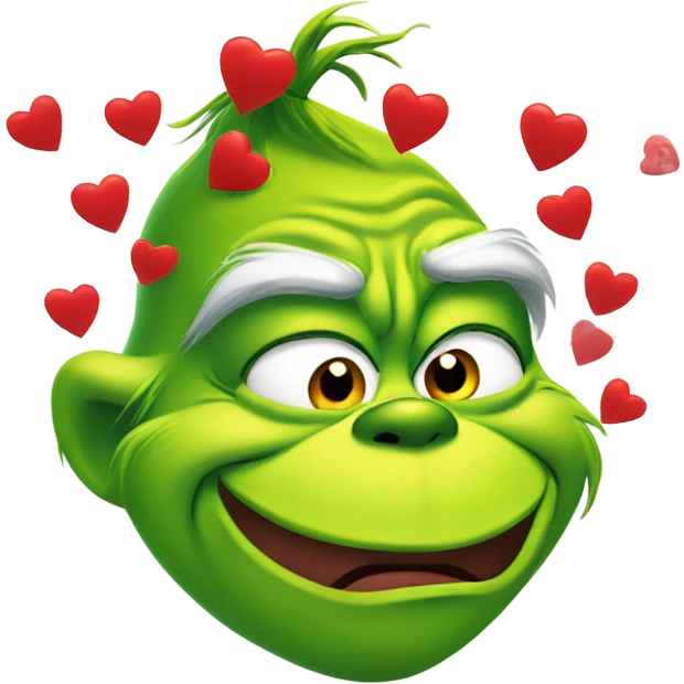 Grinch making kiss face with red hearts emoji