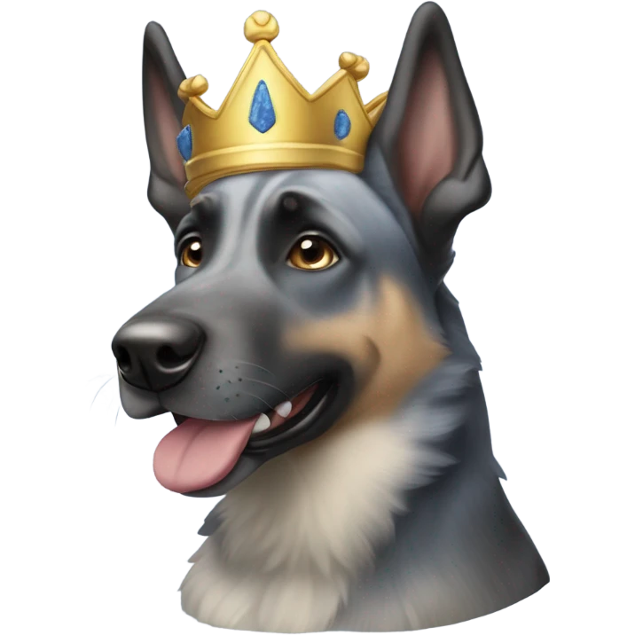 A smiling malinois dark blue merle without red color with a crown on his head emoji