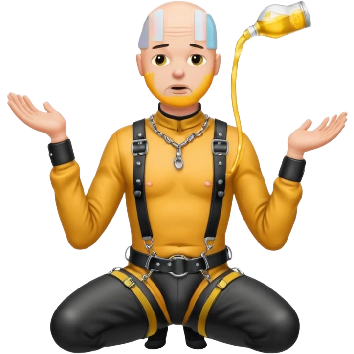 submissive bald man on his knees in a black leather harness standing man in leather, pouring piss down his throat emoji