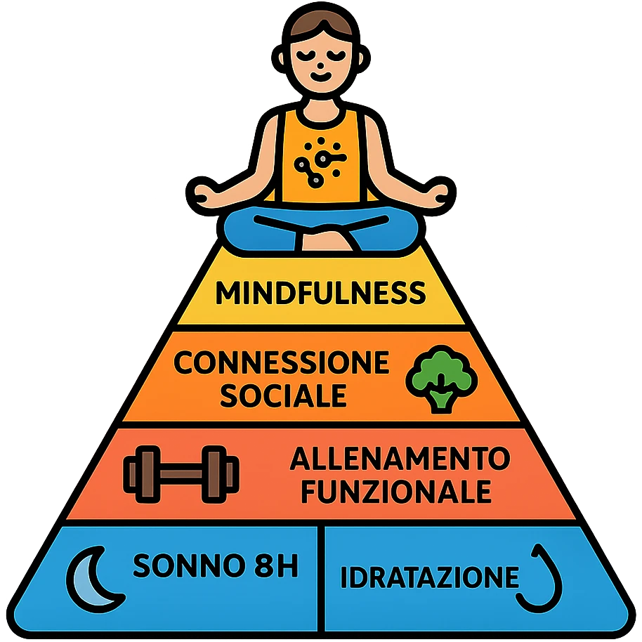 Piramide della salute in stile infografica moderna con livelli ben definiti, icone chiare, testi in italiano. Base Sonno 8h e Idratazione, centro Cibi integrali e Allenamento funzionale, cima Mindfulness e Connessione sociale. Figura meditativa in cima, corpo con elementi grafici per neurotrasmettitori e flora intestinale sana. emoji