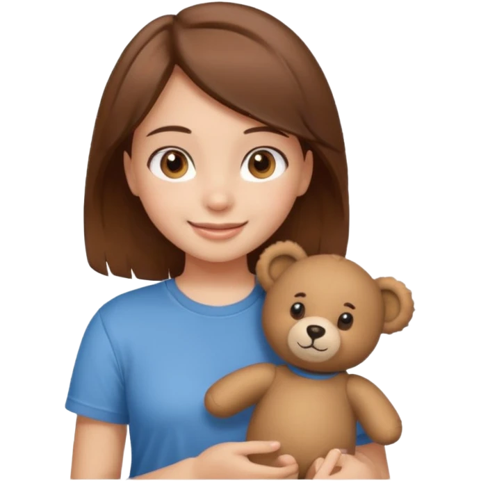 A Girl with Brown hair and Brown eyes with a t-shirt of a Teddy bear emoji