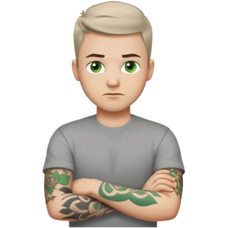 White young man with short dark taper fade hair cut and slight goatee and neutral expression with his arms folded. Green eyes and arm tattoos emoji