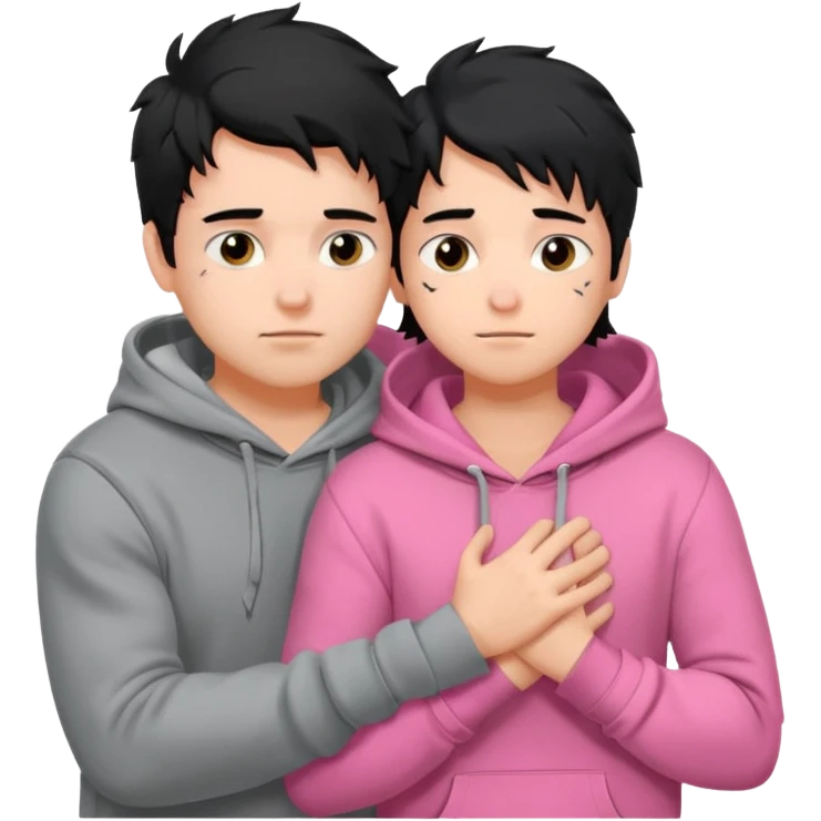 generate a pretty bratz fair skinned boy with messy black hair in a grey hoodie. Hugging his girlfriend who is wearing pink. Make him muscled emoji