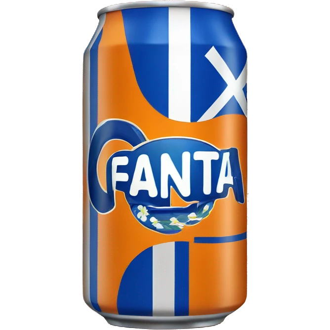 Blue Fanta can with Greek flag printed. An orange next to it emoji