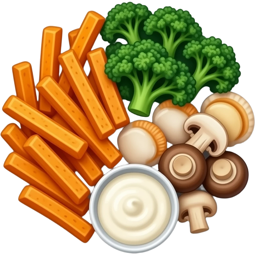 Realistic plate of sweet potato fries, kale, scallops, mushrooms and sour cream emoji