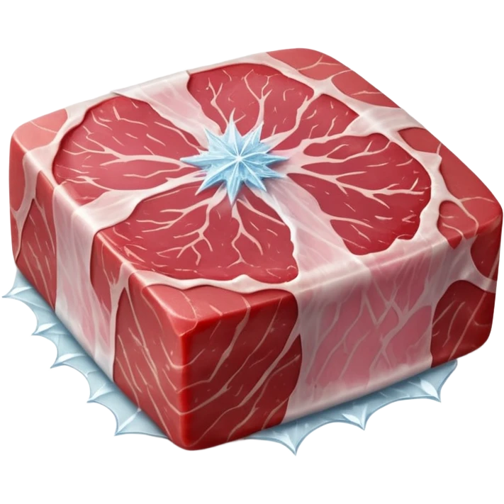 single raw meat cut steak or filet wrapped in thin layer of frosty plastic film with visible ice crystals slightly opaque surface pink to red meat with subtle marbling stiff edges frozen solid no tray no label no extras soft lighting subtle shadows emoji scale emoji