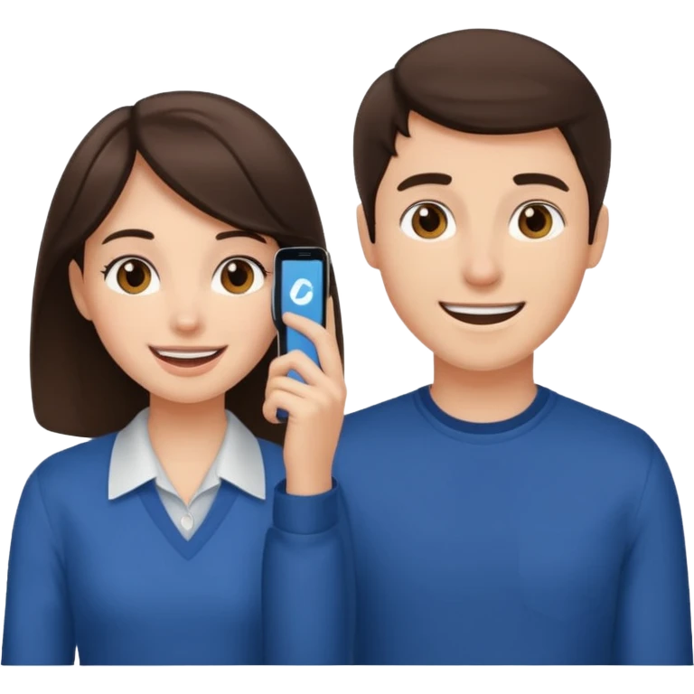 generate 2 teenagers. (one boy, one girl) brunette. calling while smiling awkwardly emoji