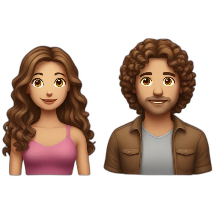 a heterosexual couple, woman with brown long hair, man with brown curly hair emoji