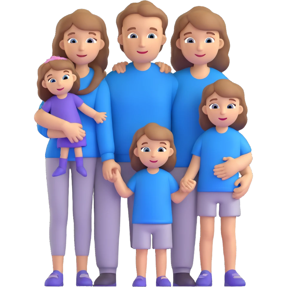 Family with mother, father and three little girls, everyone has light brown hair and blue eyes emoji