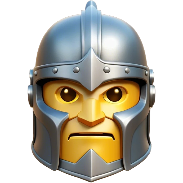 Clash of Clans aesthetic: Cinematic heroic Steel full face Helm Emoji, rendered in a 3D vector-style similar to standard emojis with minimal shading and bold, simplified shapes. A compact, isometric helmet crafted of shining steel with intricate engravings and a protective visor, softly glowing with a noble warrior charm. Simplified yet unmistakably iconic, highly detailed and consistent, glowing with a soft radiant gleam and high polish. Stylized with a touch of chivalric tradition and a soft glowing outline, capturing the essence of a stalwart battle helm with a friendly, playful manner! emoji