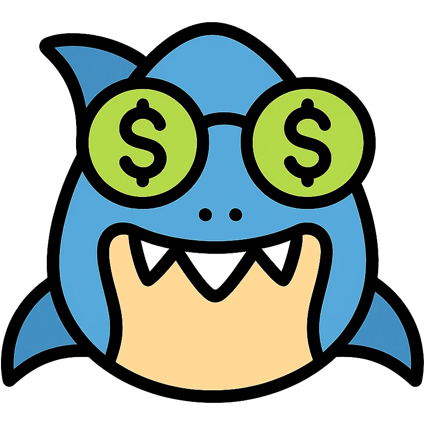 cartoon shark with money glasses, colored icon emoji