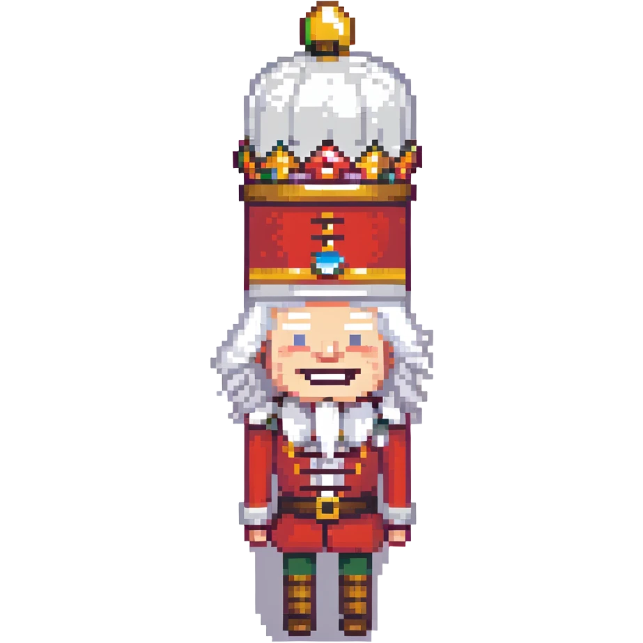 profile picture of a nutcracker toy, minimalist human, retro game style, white hair, visible teeth, classic nutcracker hat emoji