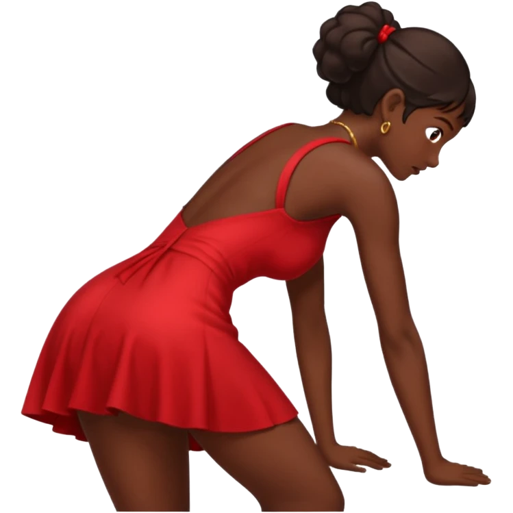 Dark skin emoji in short red dress bending over emoji