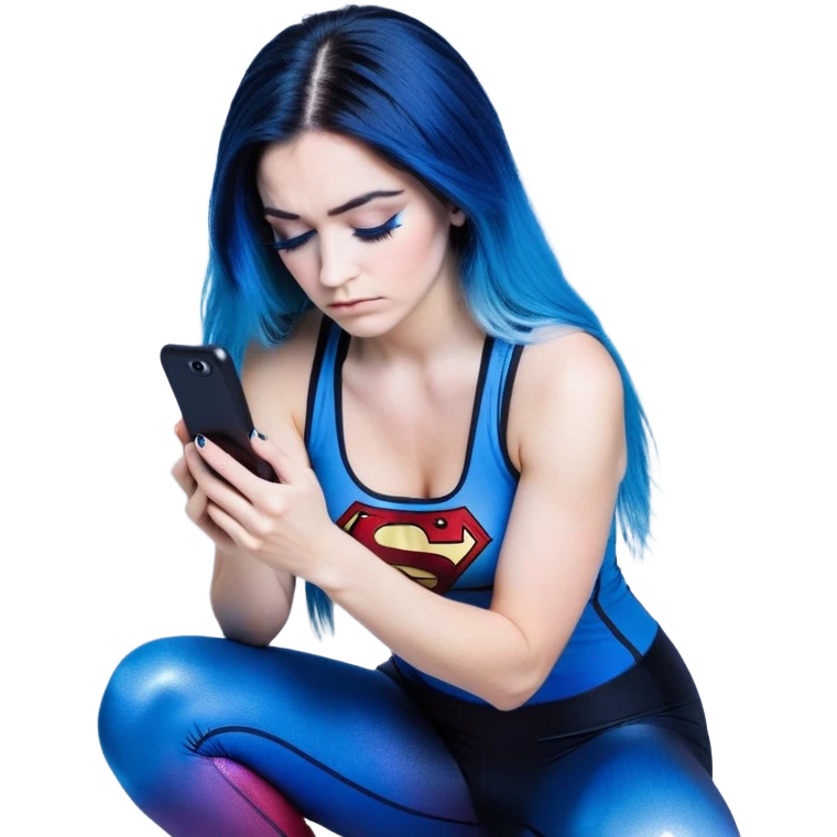 Disapponted-big tears-head back texting on phone-very very large upper body-sexy face-bending forward at waist-very long very straight dark blue to light blue ombre hair-and-blue eyes-thick black eyeliner-long eyelashes-iridescent blue lowcut tanktop with black leggings with glitter superman logo emoji