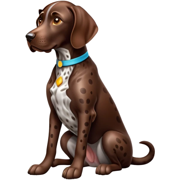 cinematic-[german pointer]-realistic-full-body-sitting-emoji,-tail-resting-loosely-beside-its-paws,-head-tilted-dramatically,-sleek-[brown spotted]-fur,-simplified-yet-realistic-focused-features,-highly-detailed,-glowing-with-an-almost-sarcastic-glow emoji