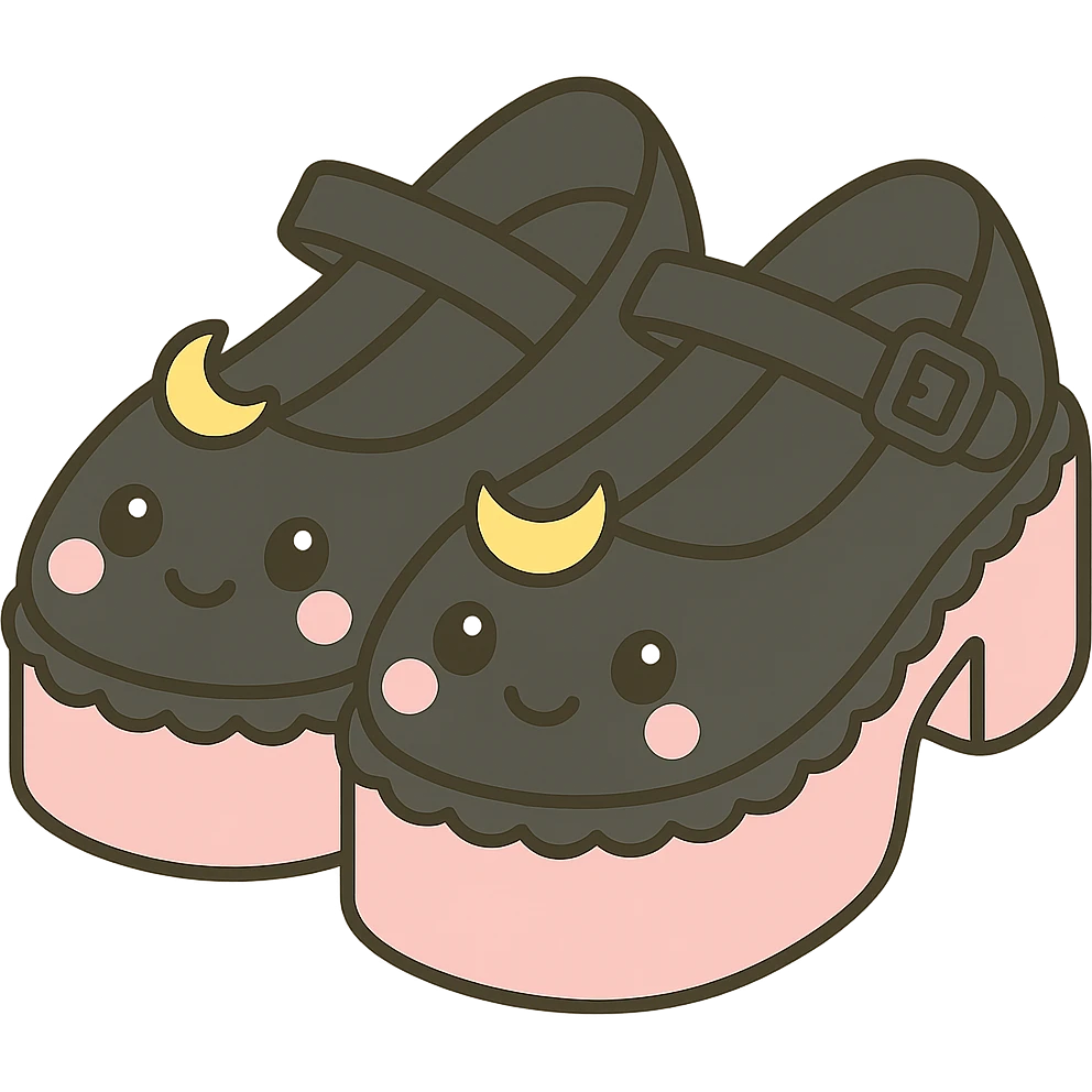 Refine the kawaii BLACKPINK-inspired gothic shoes by replacing star charms with tiny moon charms and adding a scalloped edge detail. Keep the black and pink color contrast, playful and stylish, no hearts, transparent background. emoji
