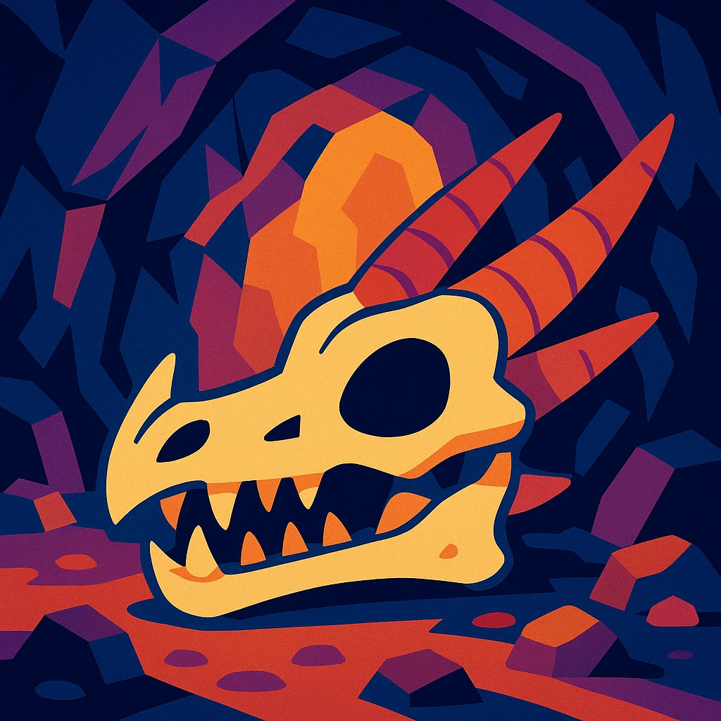 a dragon skull in a cave, stylized cartoon look emoji
