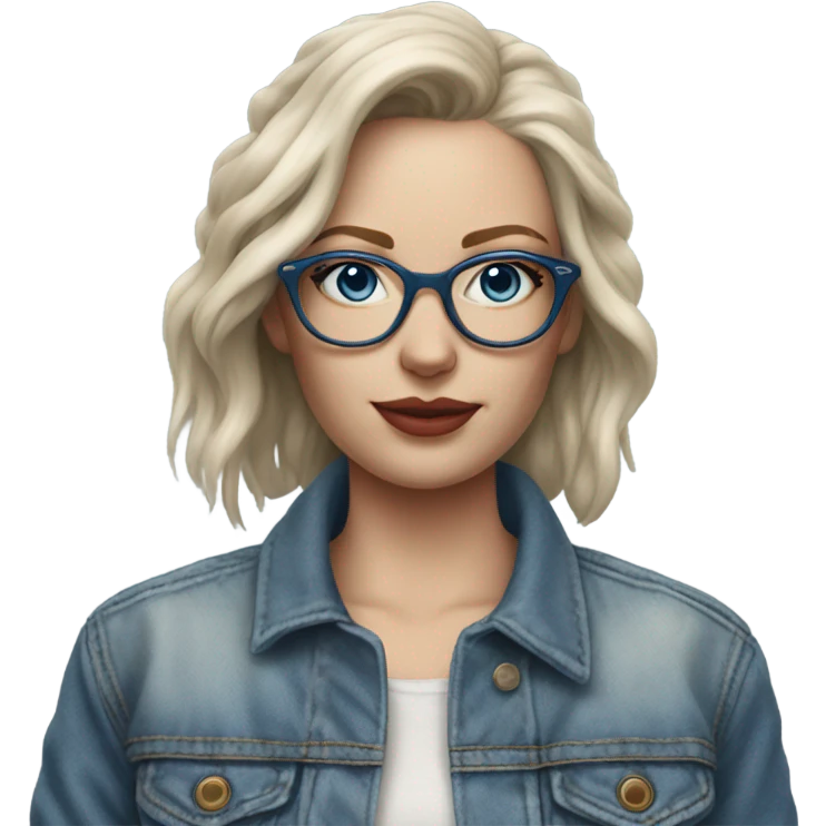 Hyper Realistic pale beautiful tattooed woman with glasses and blue eyes wearing denim jacket emoji