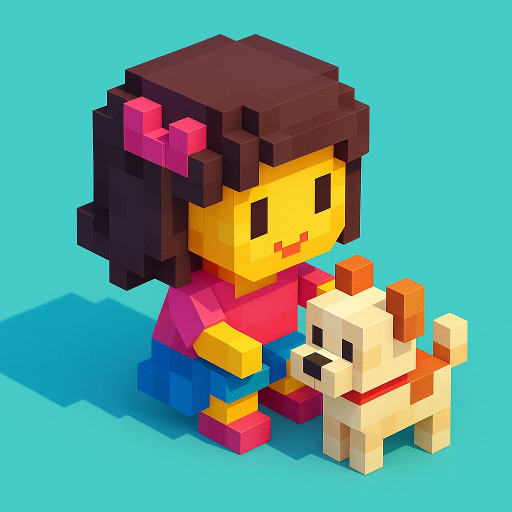create a voxel style 3d image girl and  her dog, colored background emoji