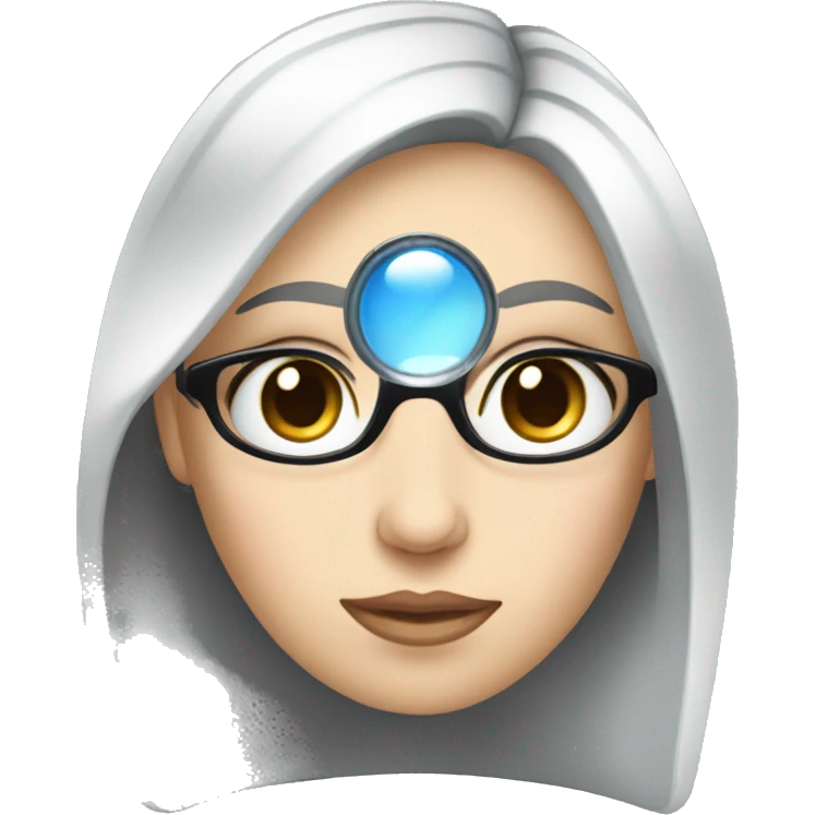 white girl with black hair and blue eyes holding a magnifying glasss emoji