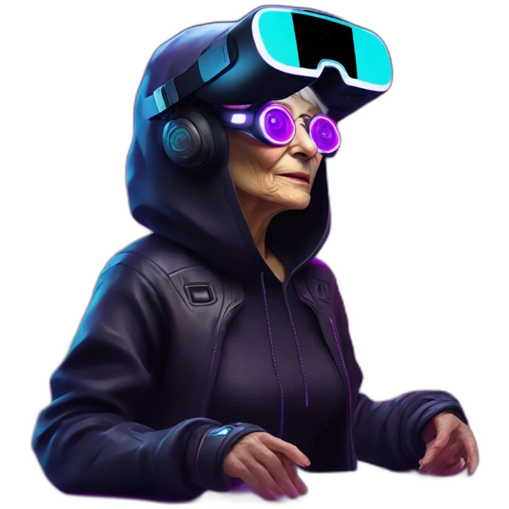 Russian old woman wearing a black hoodie with "OMG" letters on it and VR headset in a cyberpunk VR environment with violet neon lighting. emoji