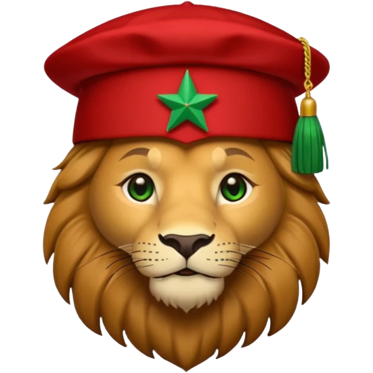 Cute lion emoji face wearing a red Moroccan fez with a green star on the front and a black tassel on the right side. Solid dark-blue background. emoji