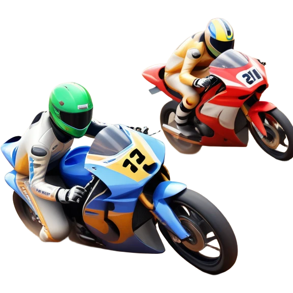 A sleek racing car and motorcycle speeding on a track, leaving a trail of dust behind. The scene captures the thrill of high-speed competition, with blurred motion and vibrant colors, highlighting the dynamic energy of motorsport. emoji