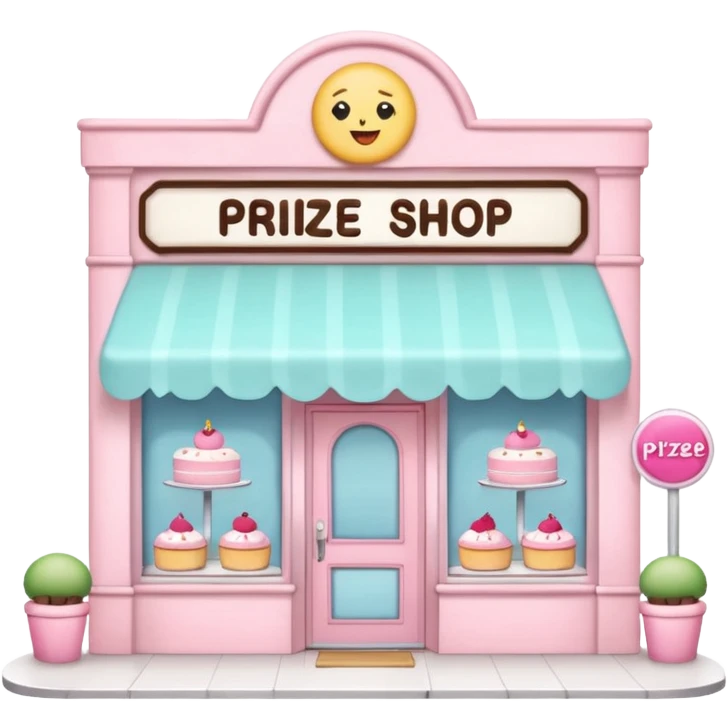 pastel pink cake bakery exterior view with a sign above the door that says 'Prize Shop', simple and cute, emoji style emoji
