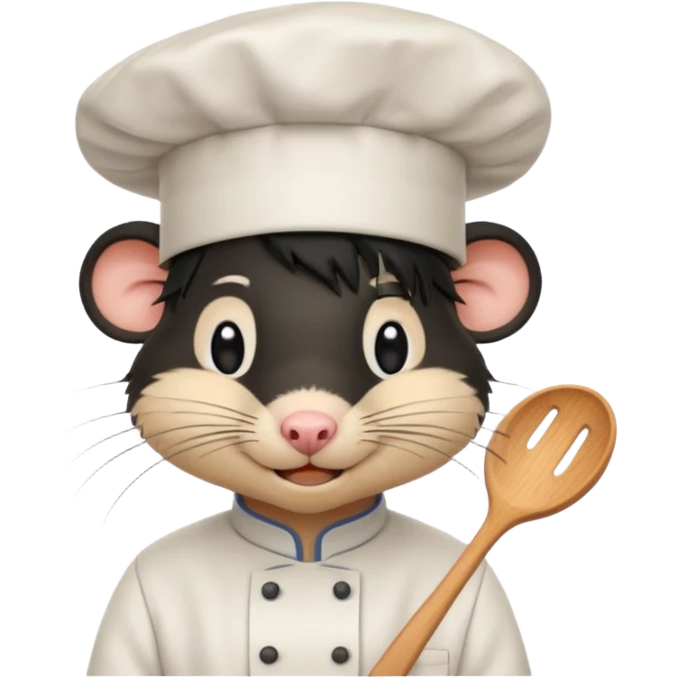 A rat with a fringe, long black hair and chefs hat emoji