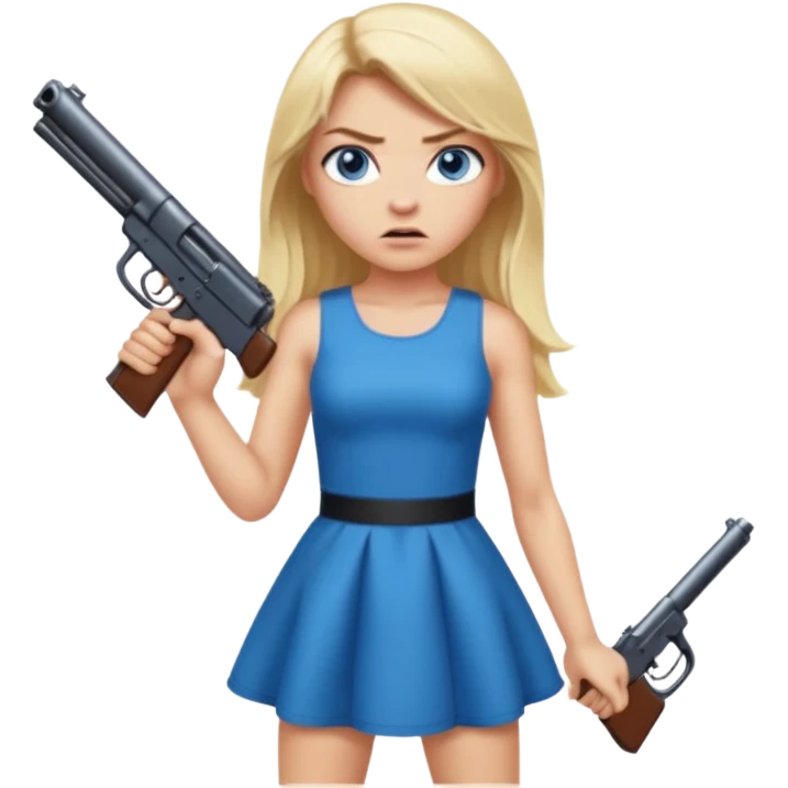 Beautiful  blue eye blonde Long Hair Gangsta girl in a short sexy  Dress Looks angry  with a big gun emoji