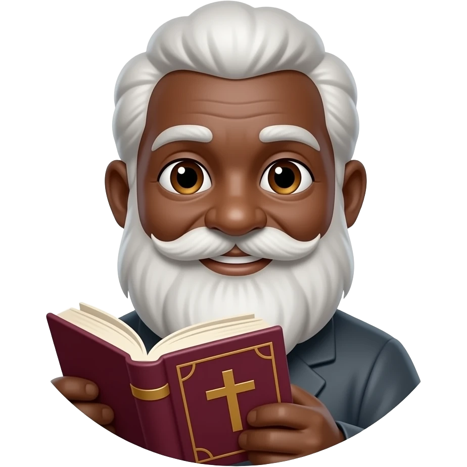 wise old man with greying white hair slight smile brown eyes white beard black skin with burgundy book that has a cross on it no circle emoji