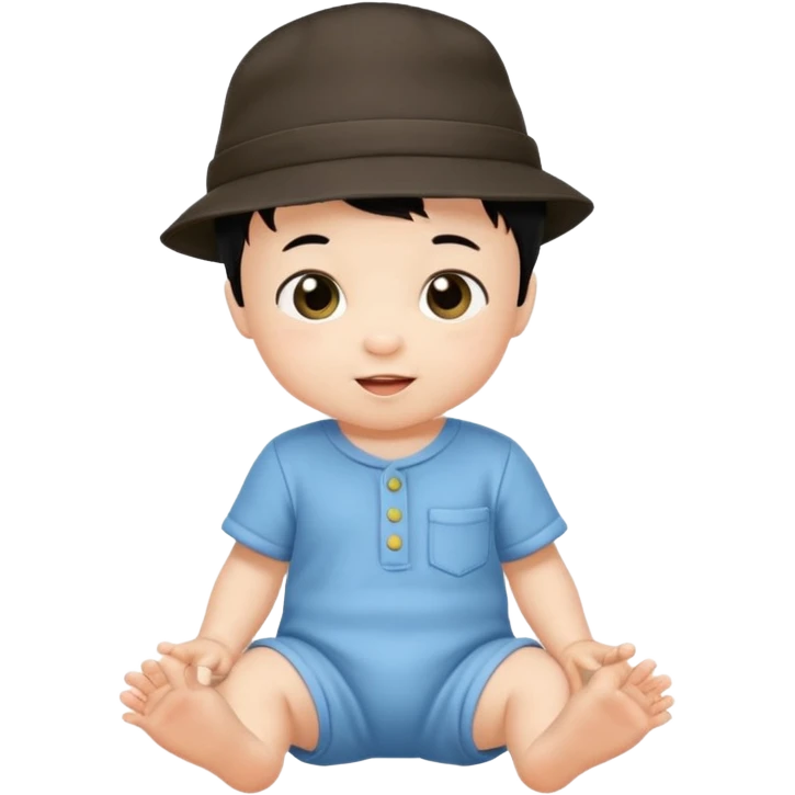 baby boy emoji, fine black hair, wearing a hat and romper, playful look emoji