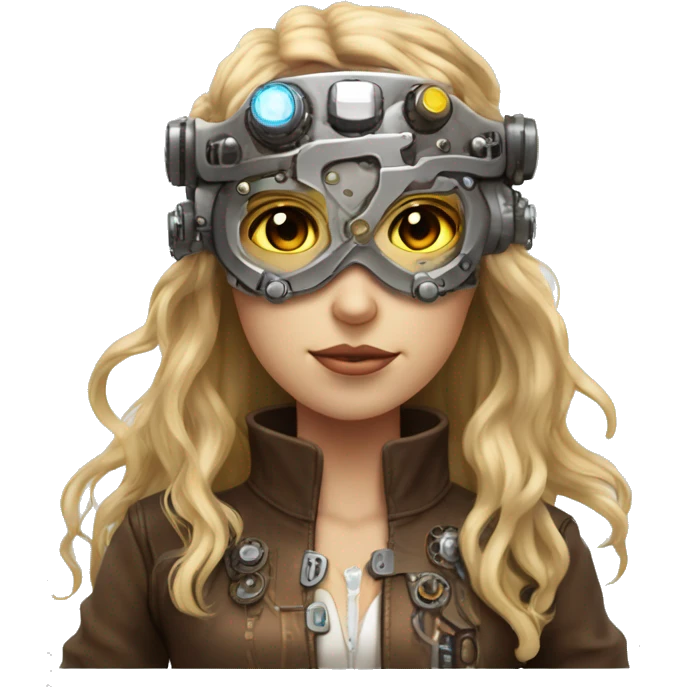 Brown long hair with blonde steaks female cyborg head, fair skin, steampunk goggles and circuits emoji