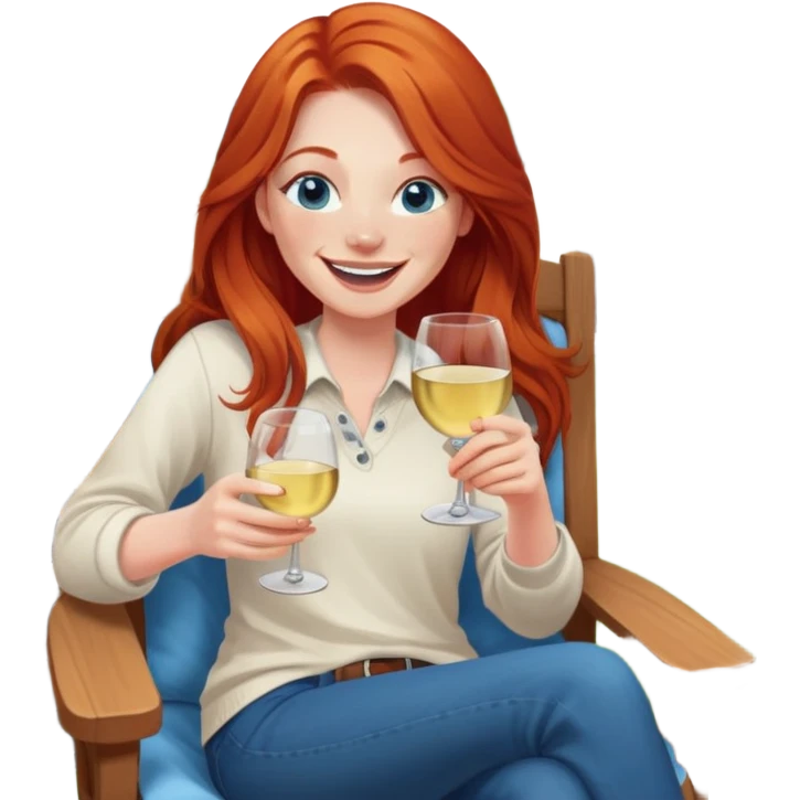 Laughing redhead with long hair and blue eyes holding white wine sitting in chair beside fire backyard emoji