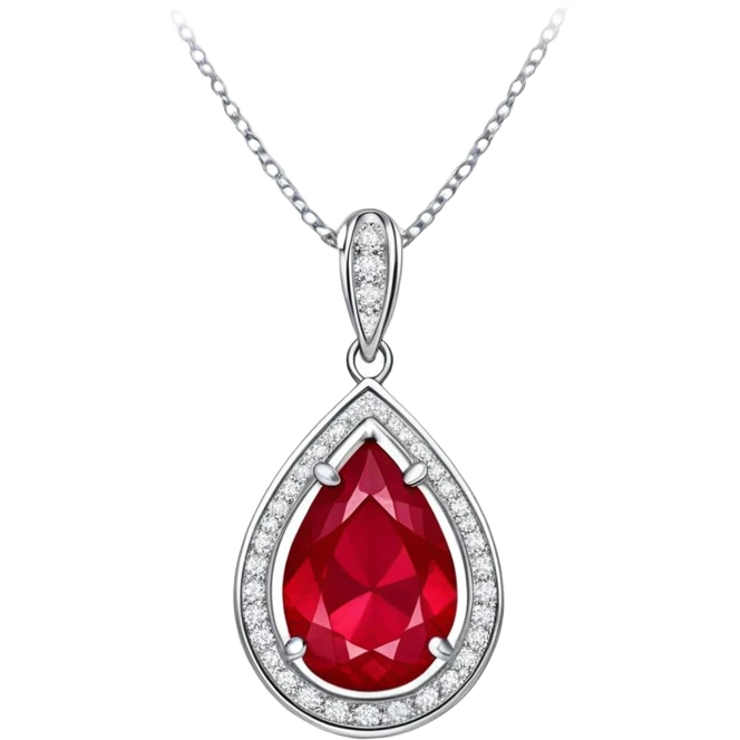 teardrop ruby pendant with silver chain and white stones, glowing with passion and renewal emoji