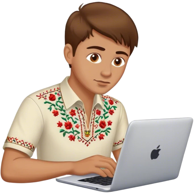 A Ukrainian guy with brown hair in an embroidered shirt works at his laptop emoji