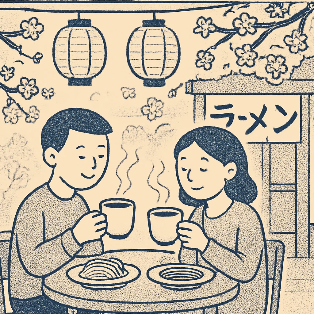 A romantic couple enjoying dinner at an outdoor Japanese street cafe, paper lanterns hanging above, steam rising from tea cups, cherry blossoms in the background emoji