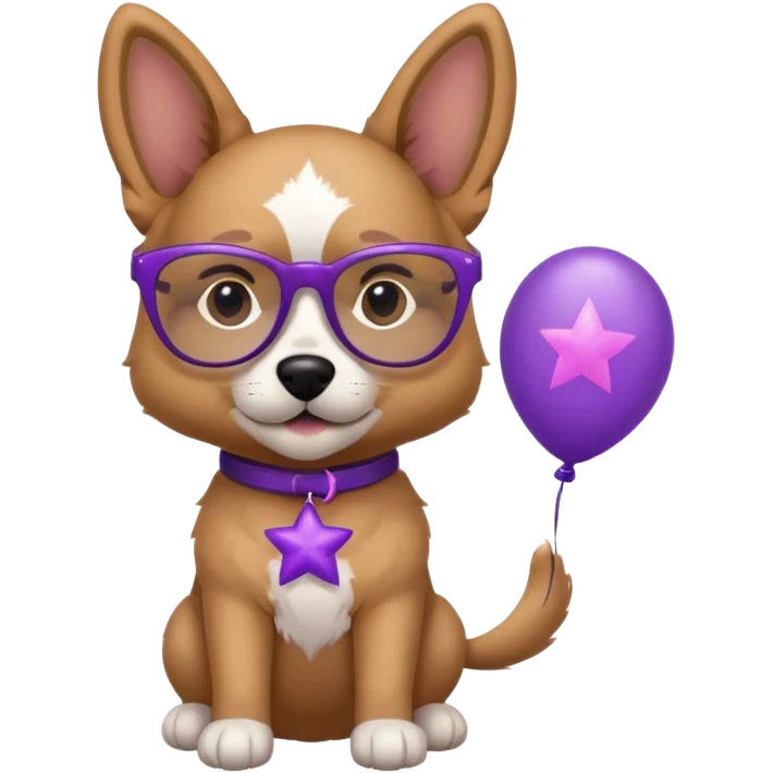 dog holding purple star balloon in hand with black glasses close view  emoji