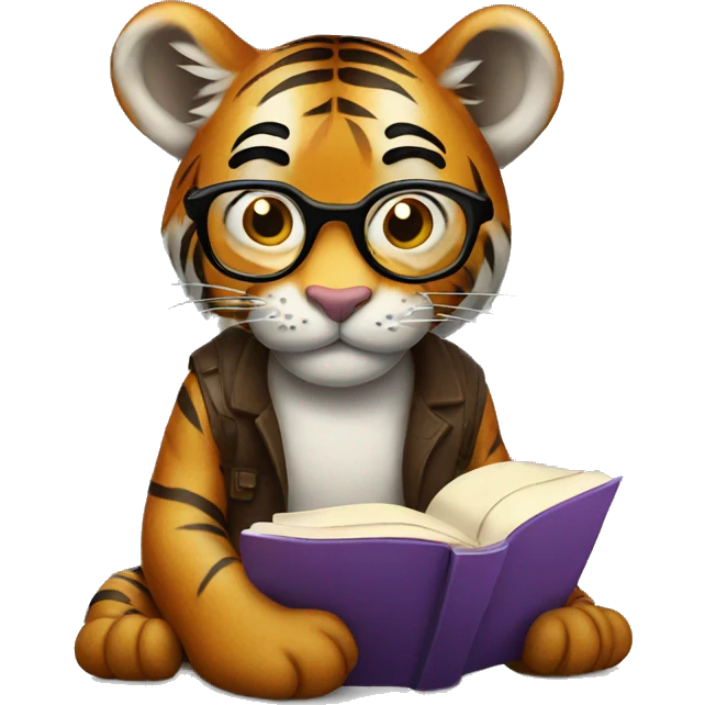 Tiger with glasses and reading book emoji