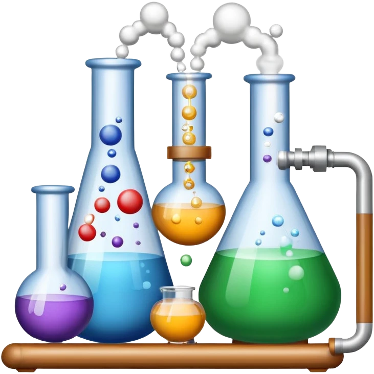 An icon featuring chemical flasks with tubes, representing hydrolysis, along with liquids, powders, and chemical formulas. The design includes molecules and reaction symbols, symbolizing the study of chemical processes and compounds. Transparent background highlights the science of reactions. emoji