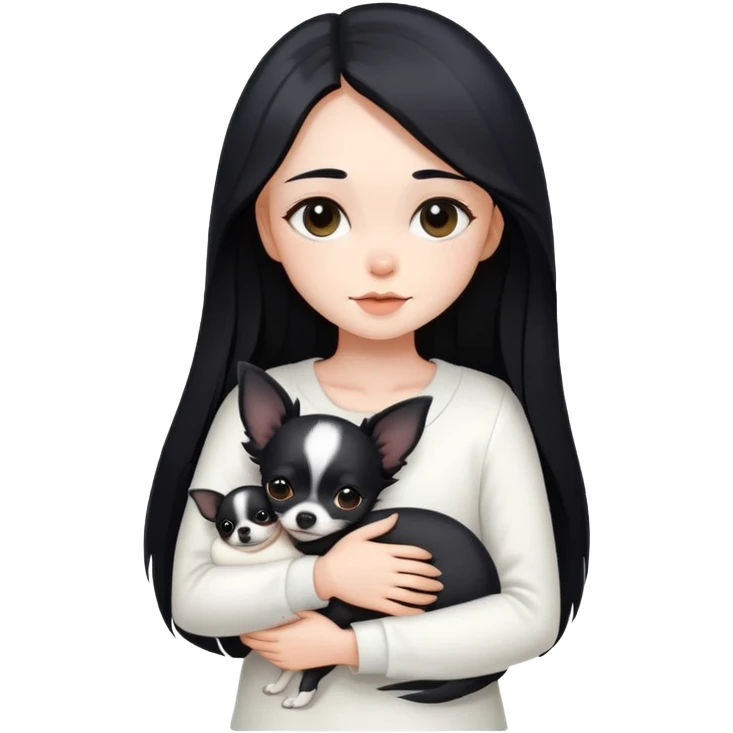 A girl with fair skin, long black hair, and white clothes, gently and tightly hugs a black Chihuahua emoji