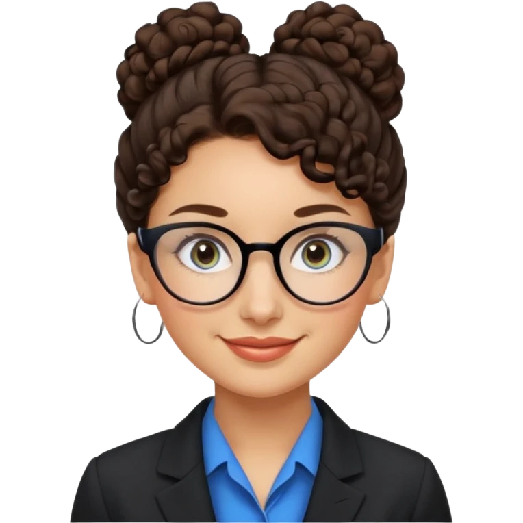 a woman, 30 years old, light skin with dark brown curly hair in a bun with some face framinig pieces. eyeglasses. Black suite on. blue eyes. emoji
