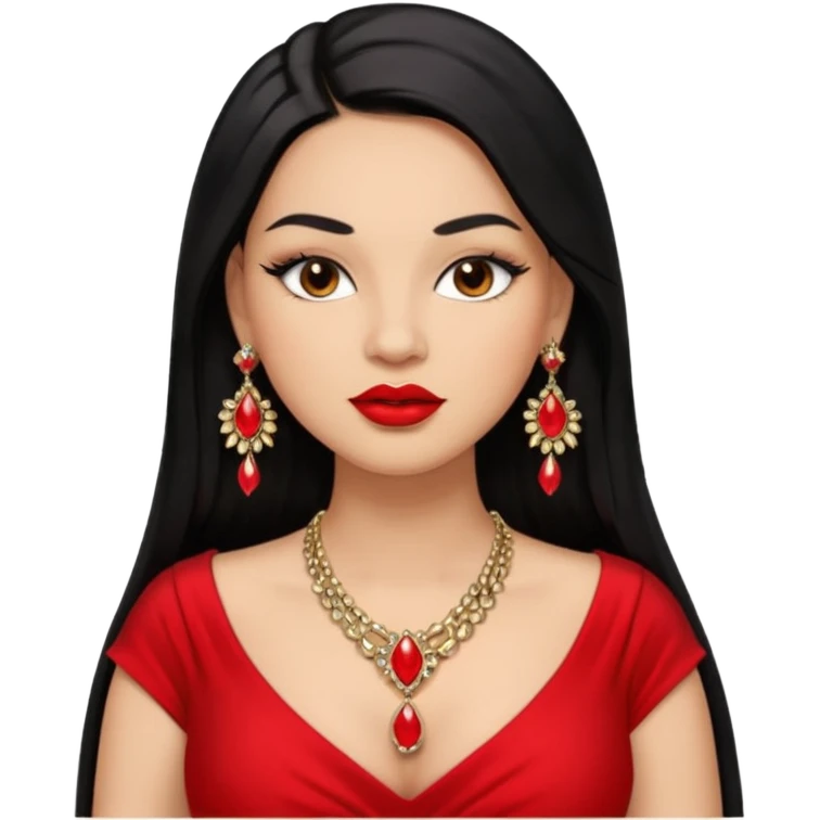 Light skin brown eyes glamorous full figured women black long straight hair red lips necklace and earrings long lashes emoji