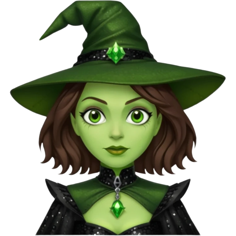 The Wicked Witch from Oz with green skin, brown hair, black sequin outfit emoji