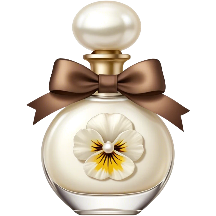 pearl white perfume bottle in vintage style and ivory colored pansies and brown bow emoji