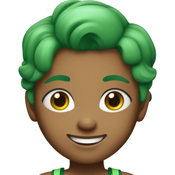 A girl in a green sports top with green hair smiles widely  emoji