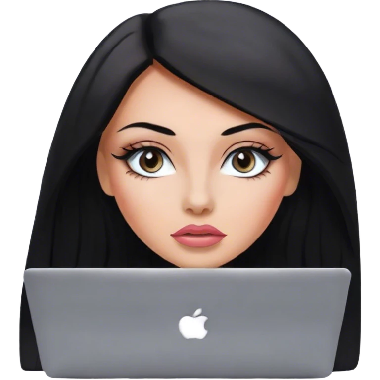 Glamours, tanned, very beautiful girl, with big pump peach-beige-rose lips, eyeliner, long long lashes, black straight smooth silky long hair, straight parting hair, blue-grey eyes with macbook emoji
